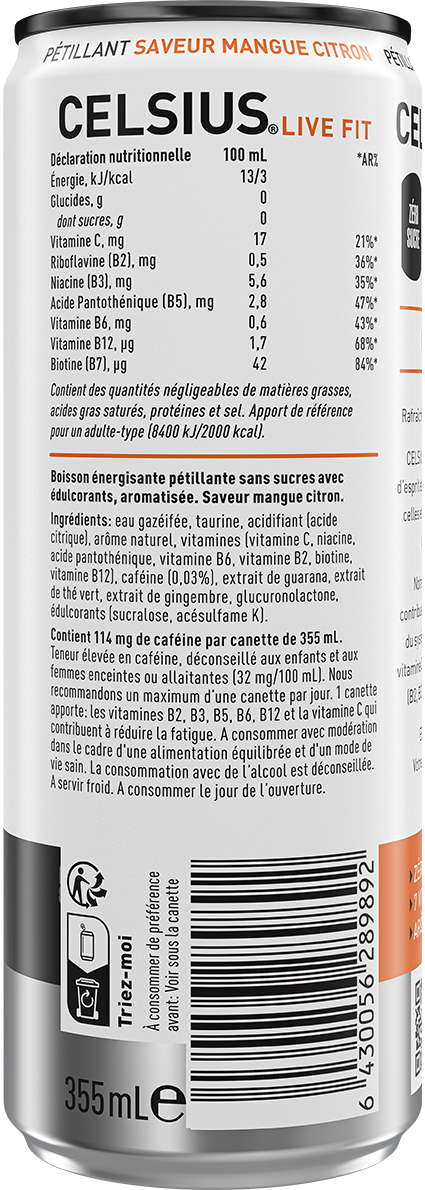 CELSIUS Limonade Pétillante à la Mangue – Product's Back Label