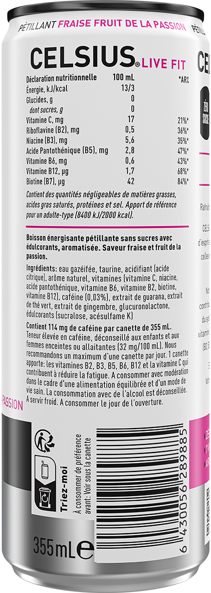 CELSIUS Boisson Pétillante À La Fraise Et Aux Fruits De La Passion – Product's Back Label